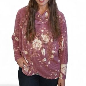 LuLaRoe Waffle Pink Floral Kristen Cowl Neck Pullover Sweater M